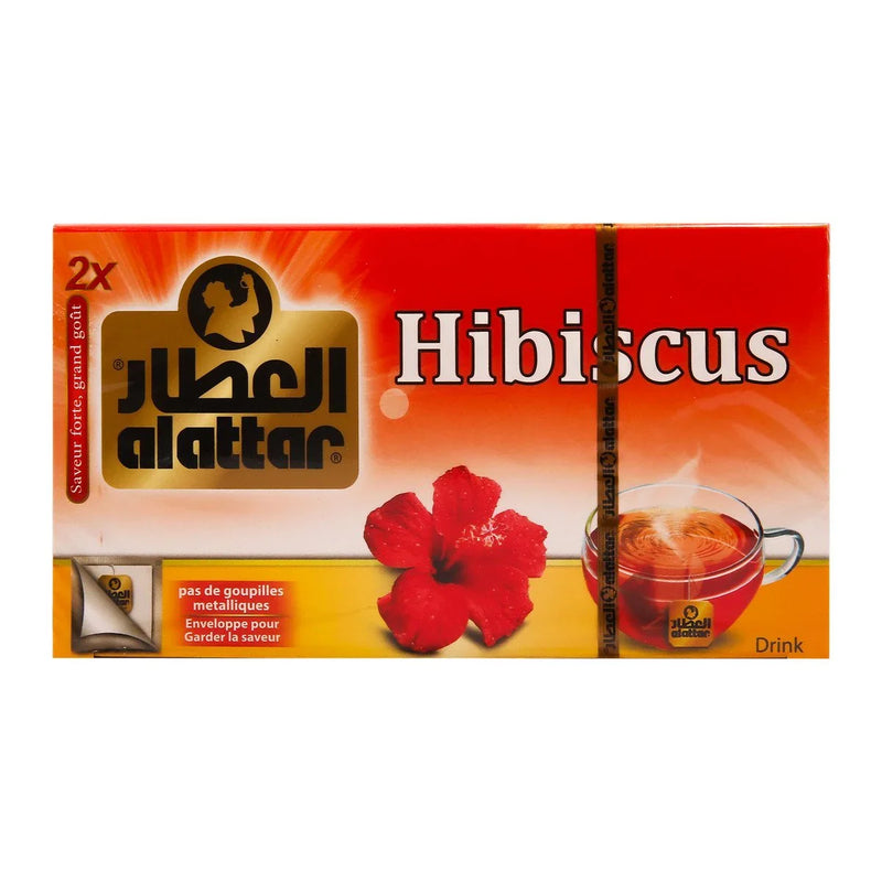 AlAttar Hibiscus Tea 20 bags, 2X strength, suitable for hot or cold brewing, red hibiscus flowers in a box