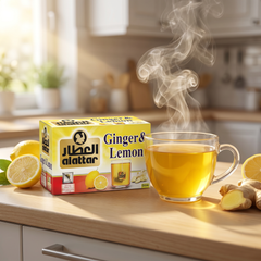 AlAttar Ginger & Lemon Tea box with 20 tea bags, strong wellness drink featuring fresh ginger and lemon flavor.