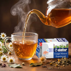 AlAttar Herbal Cough Mixture box with 20 bags, expectorant for throat relief, featuring herbal ingredients and natural remedy packaging.