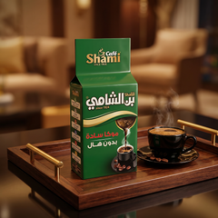 Shami Cafe Café Shami Mocha plain ground coffee for Turkish brew, no cardamom, in a bag with coffee beans and brewing setup