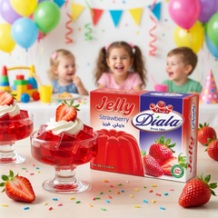 Diala Strawberry Jelly dessert mix box, halal snack with vibrant strawberry flavor, 80g packaging for quick and easy preparation