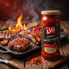 LIO Crushed Red Hot Pepper spicy condiment in a jar, perfect for cooking and adding heat to dishes