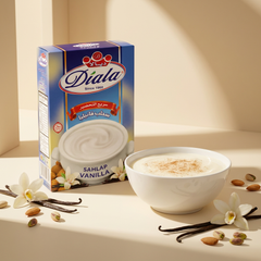 Diala Vanilla Orchid Pudding Mix for traditional instant dessert, showing a prepared vanilla pudding in a bowl.