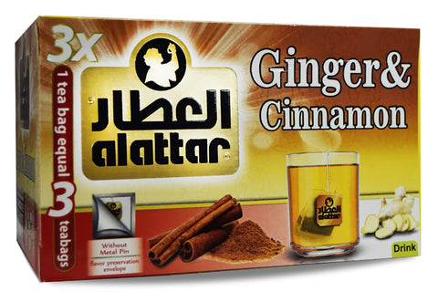 Al-Attar Ginger and Cinnamon Tea pack with 20 bags, featuring a wellness drink with 3x strength for soothing flavor and aroma.