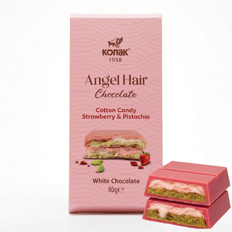Konak Angel Hair White Chocolate Bar, Strawberry & Pistachio Cotton Candy Filling, Gourmet Turkish Confectionery Gift