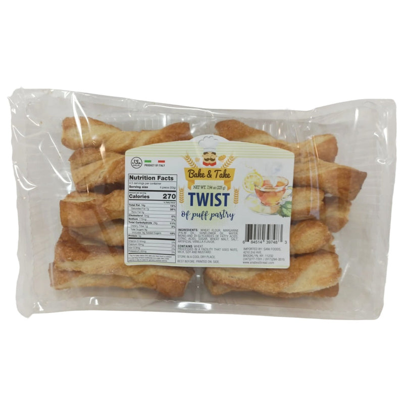 Bake & Take Puff Pastry Twists 12-pack, sweet Italian snack with golden baked pastry twists on a white plate.