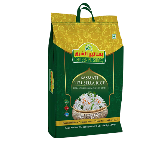 Bag of Bsaten AlSharq Basmati 1121 Sella Rice, extra long grain, 10 lb pack, showing white rice grains in a clear bag