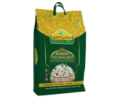 Bag of Bsaten AlSharq Basmati 1121 Sella Rice, extra long grain, 10 lb pack, showing white rice grains in a clear bag