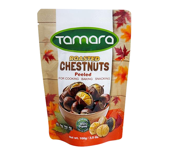 Organic peeled roasted chestnuts by Tamara, 100g package, suitable for cooking and snacking, shown in the image.