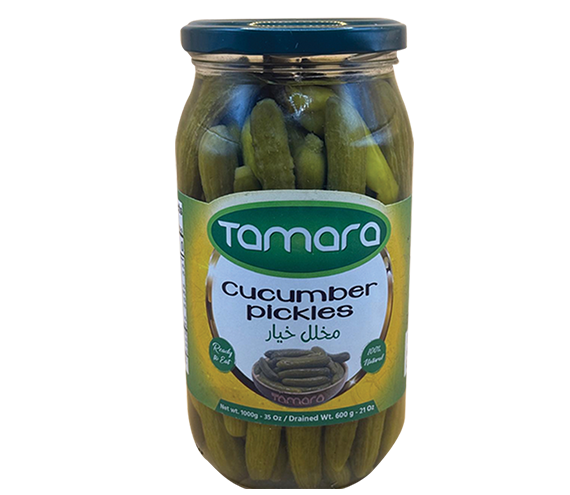 Tamara 1000g jar of natural whole cucumber pickles, crispy gherkins in brine, ideal for snacking or adding flavor to dishes.
