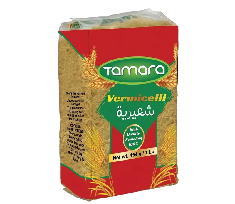 Tamara Vermicelli 1lb 100% semolina pasta for soups and rice, shown in a clear image with dry vermicelli noodles.