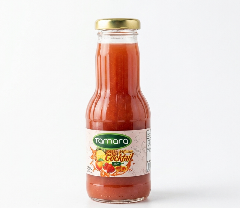 Tamara Cocktail Nectar 250ml mixed fruit juice in a clear bottle with vibrant fruit images on the label.