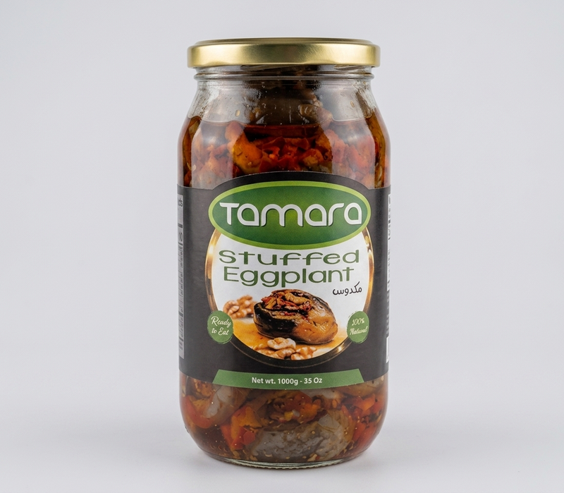 Tamara Stuffed Eggplant Makdous 1000g, natural ready-to-eat mezza with eggplants, walnuts, and spices in glass jar.