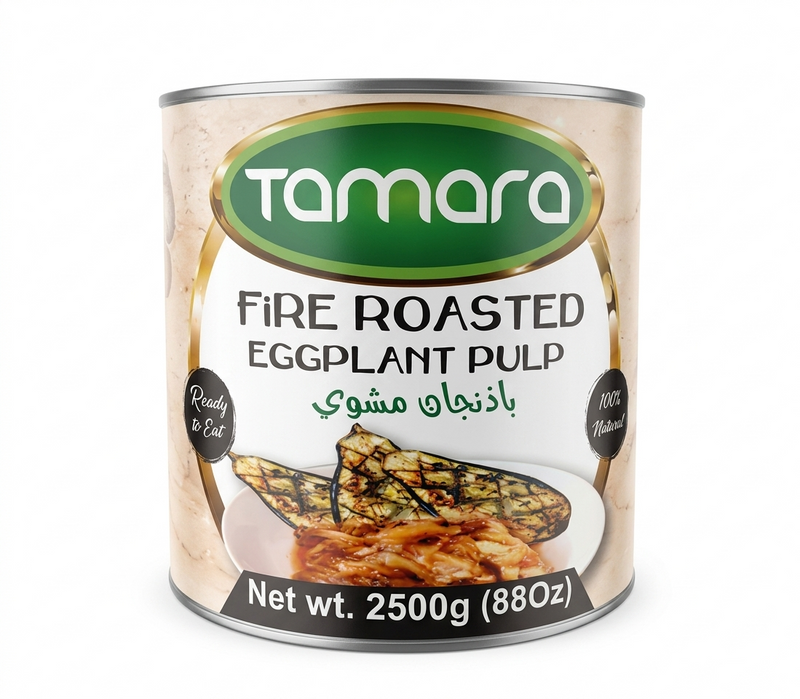 Tamara fire roasted eggplant pulp in an 88oz container, ready to eat, natural grocery product with a smooth, roasted eggplant appearance.