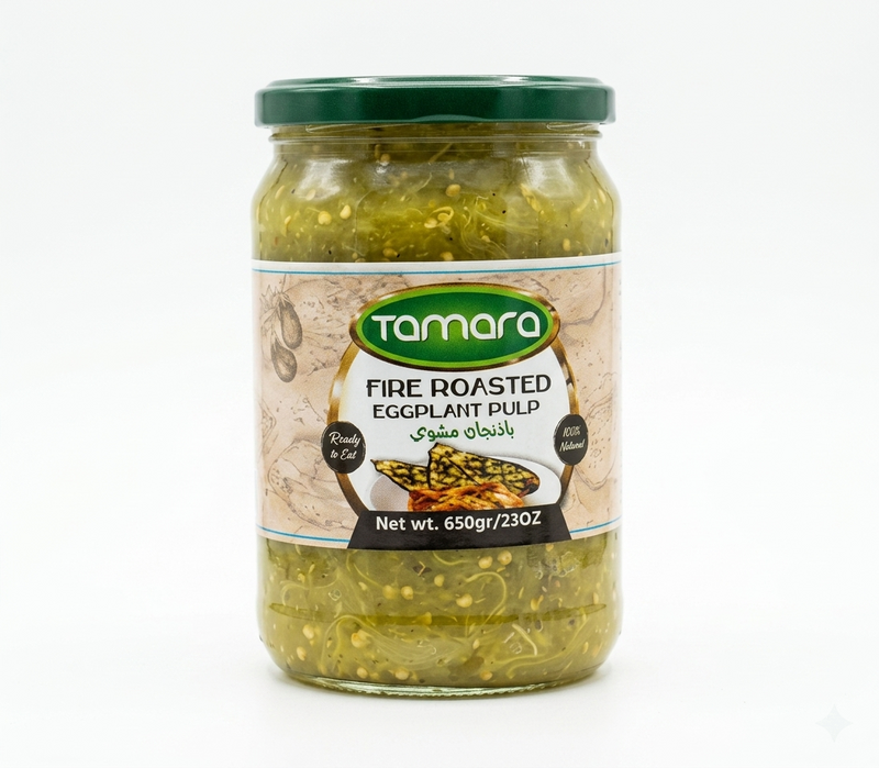 Tamara fire roasted eggplant pulp in 650g jar, ready-to-eat smoked puree, shown in a clear glass jar with eggplants in the background.
