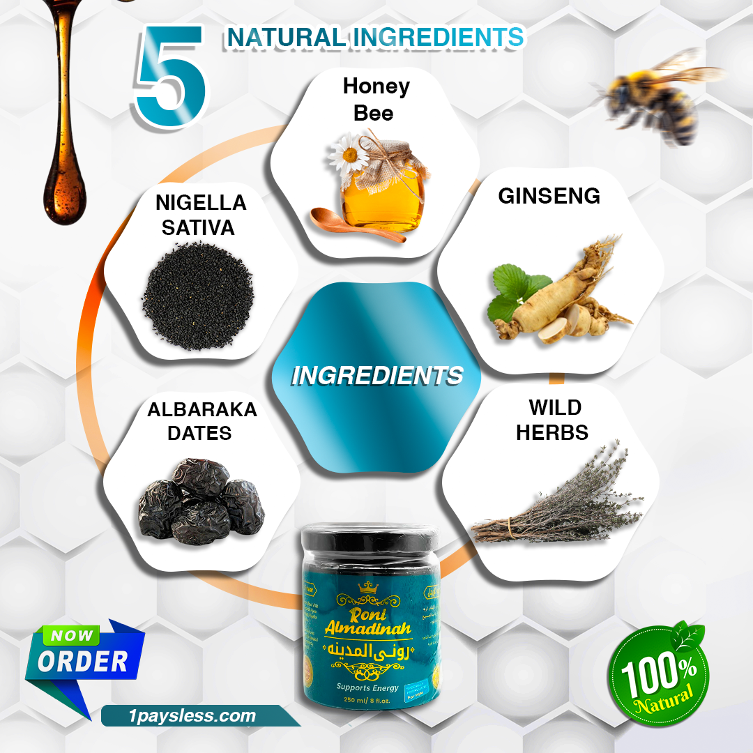 Natural Ingredients of Ashfiah Roni Almadinah Honey, Men Energy Secret, Honey Bee, Ginseng, Nigella Sativa, Wild Herbs, Albaraka Ajwa dates