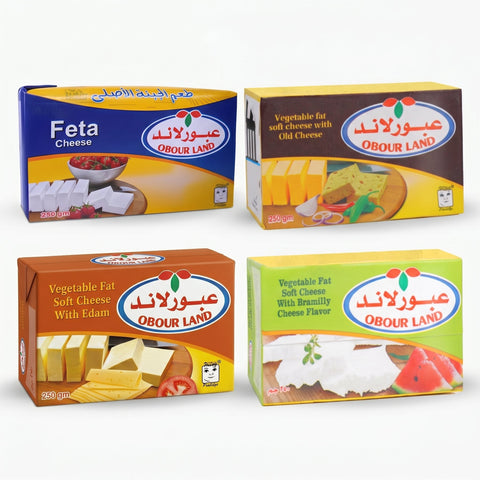 Obour Land premium soft cheese bundle with four flavors: feta, old cheese, bramilly, and edam in 250g packs.