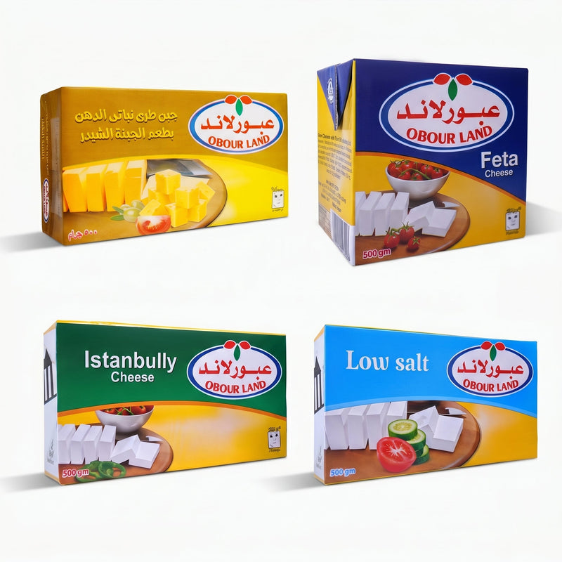 Assorted Obour Land Egyptian cheese variety pack featuring feta, istanbulli, low salt white, and soft cheddar, displayed together.