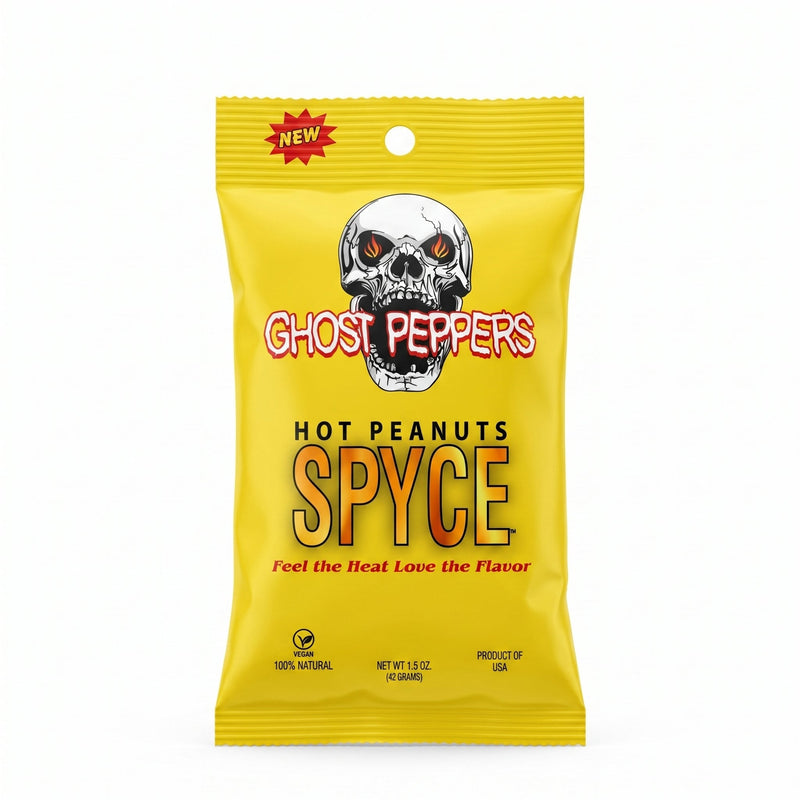Spice Ghost Peppers hot peanuts in a 1.5 oz bag, featuring roasted, naturally spicy gourmet nuts with intense heat and flavor.
