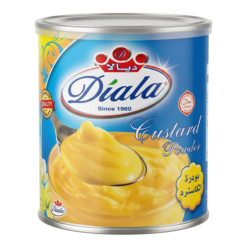Diala Vanilla Custard Powder 300g jar, smooth instant dessert mix with vanilla flavor, shown in a close-up image.