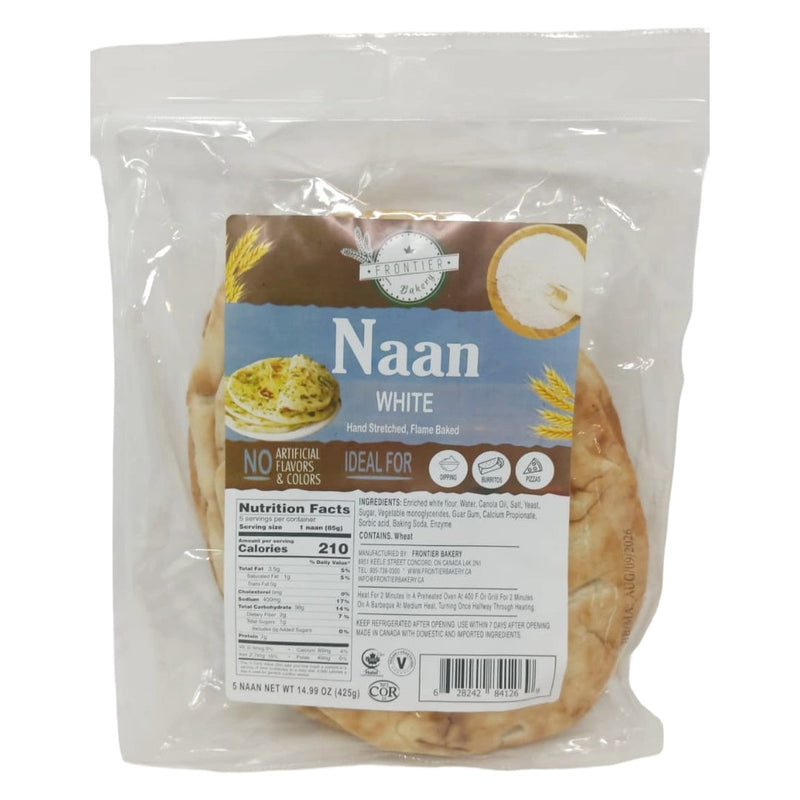 Hand-stretched Frontier Bakery White Naan, 14.99oz, 16-pack case, fresh and soft Indian flatbread by NAAN brand.