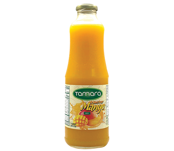 Tamara mango nectar in a 1L bottle, tropical fruit juice drink with vibrant mango color and label details visible.