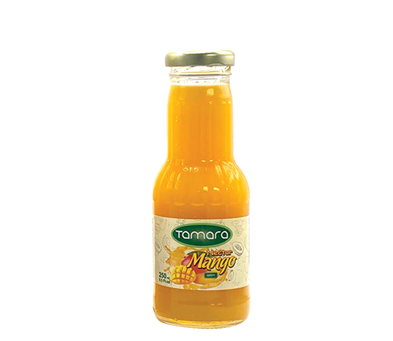 Tamara Mango Nectar in a 250ml glass bottle, showcasing rich, vibrant mango fruit drink with a clear, appealing liquid.