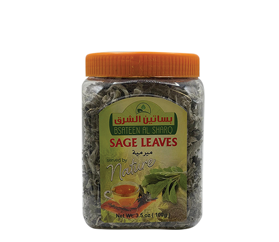 Dried sage leaves from Bsateen Al Sharq, natural herb for tea, shown as green leaves in a 3.5oz package.