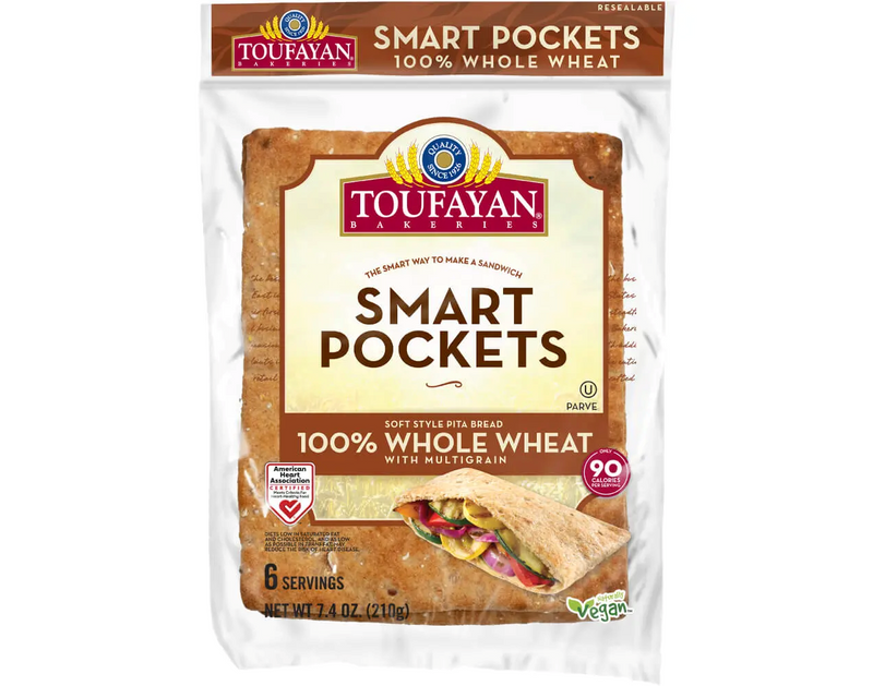 Toufayan Bakeries Smart Pockets Whole Wheat Pita Bread 6 Count 7.4 oz | 100% Whole Wheat, Heart-Healthy | Perfect for Sandwiches & Snacks - SANI-LLC