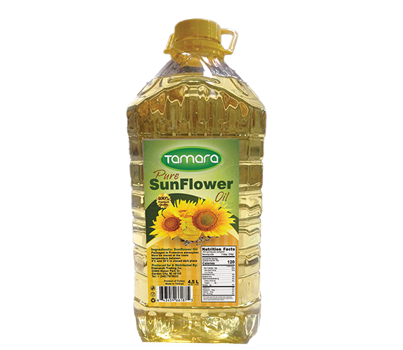 Tamara Pure Sunflower Oil 4.5L bottle, premium cooking oil for frying with a clear label and golden sunflower imagery