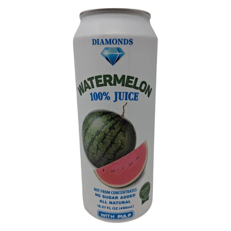 Diamonds Watermelon Juice with Pulp in a 16.57 fl oz can, showing fresh watermelon slices and vibrant pulp for refreshing drink