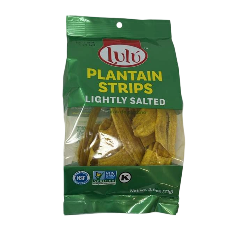 Lulú Plantain Strips, 2.5 oz (71g) Bag, Lightly Salted Crunchy Green Plantain Chips, Non-GMO Project Verified, NSF Certified Gluten-Free
