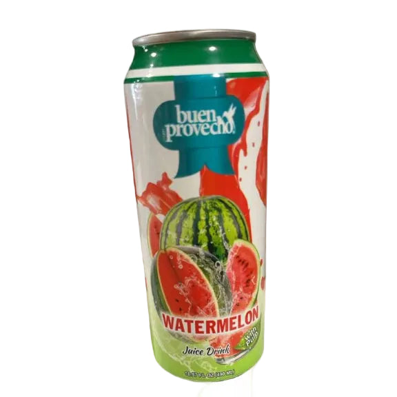 A 16.57oz bottle of Buen Provecho Watermelon Juice with pulp, showing a refreshing watermelon beverage in a clear bottle.