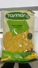 Coarse yellow bulgur grain in a 2lb Tamara brand package, authentic Mediterranean-style food product.