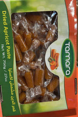 Tamara dried apricot paste rolls in 750g, individually wrapped snacks with vibrant apricot color and textured surface.