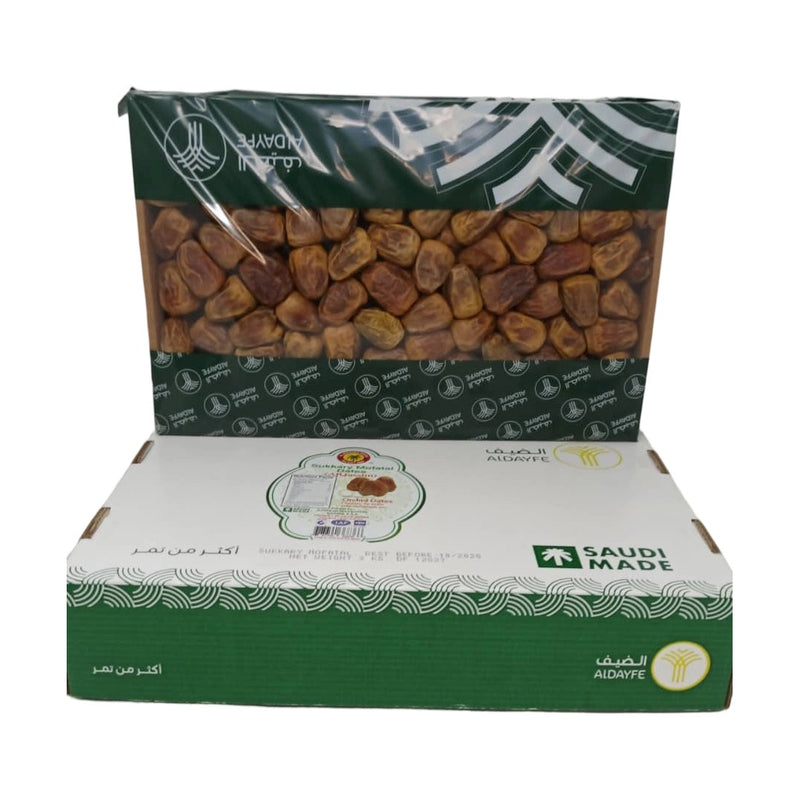 ALDAYFE Sukkary Mofatal Dates in 3kg box, premium Al Qassim Saudi Arabian fresh dates with natural caramel flavor and high fiber.