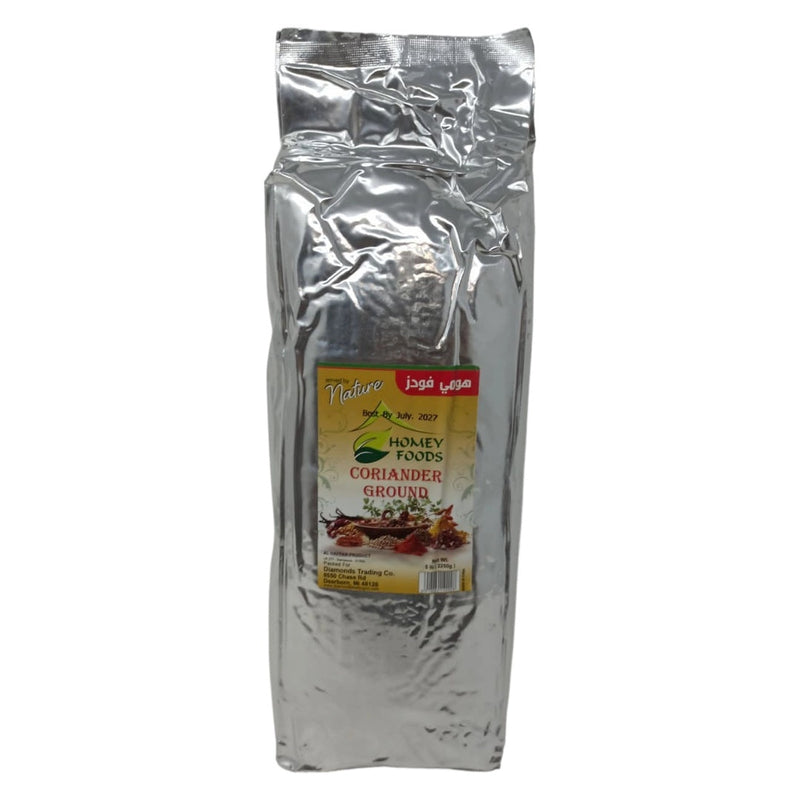 Homey Foods ground coriander spice in a 5lb bulk bag, used for seasoning in cooking and baking.