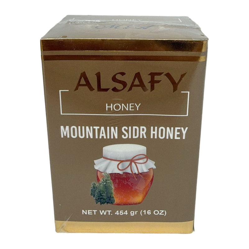 AlSafy Mountain Sidr Honey 12-pack 454g jars, showcasing natural golden honey in glass jars with honey dipper.