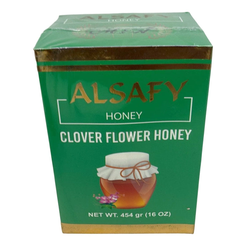 AlSafy Clover Flower Honey 16 oz jar, natural sweetener, shown in 12-pack, with honey drizzling over fresh honeycomb.