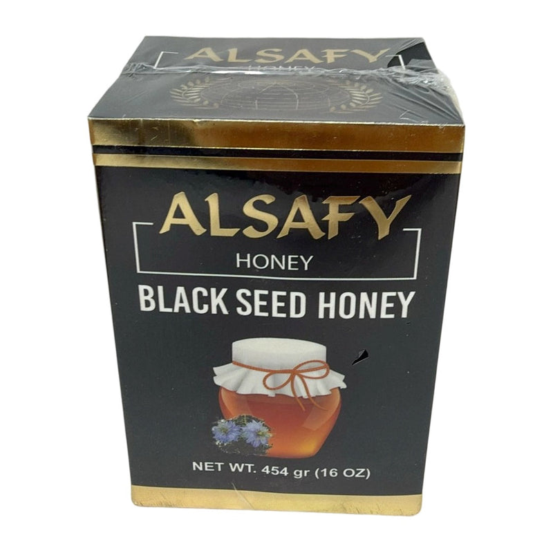 AlSafy Black Seed Honey 454g jar, natural superfood product, with a dark, rich honey appearance and black seed inclusions, pack of 12