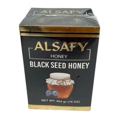 AlSafy Black Seed Honey 454g jar, natural superfood product, with a dark, rich honey appearance and black seed inclusions, pack of 12