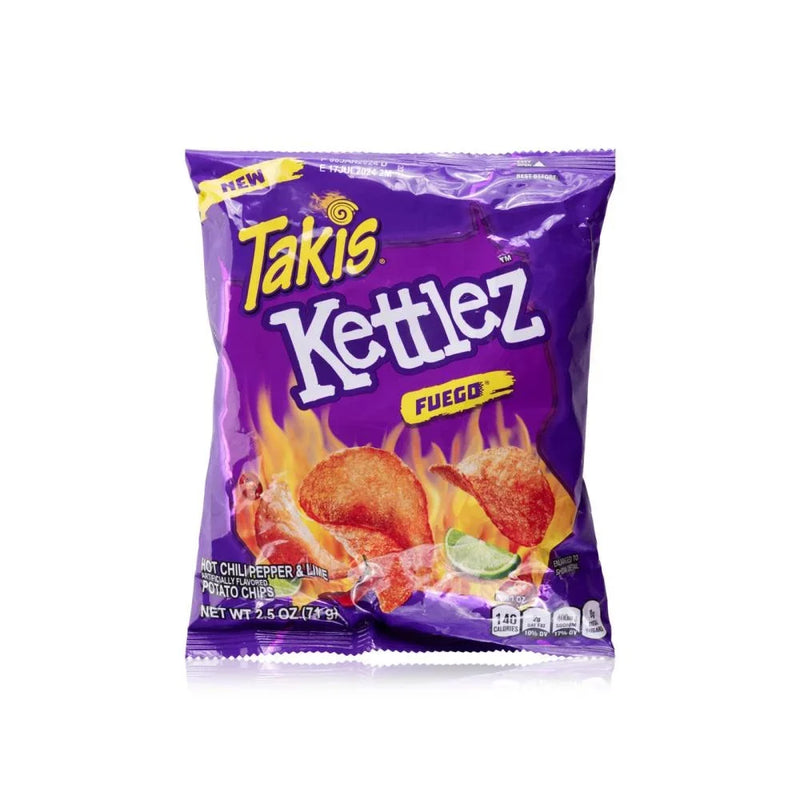 Takis Kettlez Fuego Potato Chips, 2.5 oz Bag, Hot Chili Pepper and Lime, Crunchy Kettle Cooked Spicy Snacks, Intense Flavor for On-the-Go Snacking