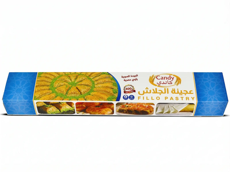 Candy Premium Fillo Pastry Sheets, 400g, thin flaky phyllo dough for baklava, pies, and Mediterranean appetizers.