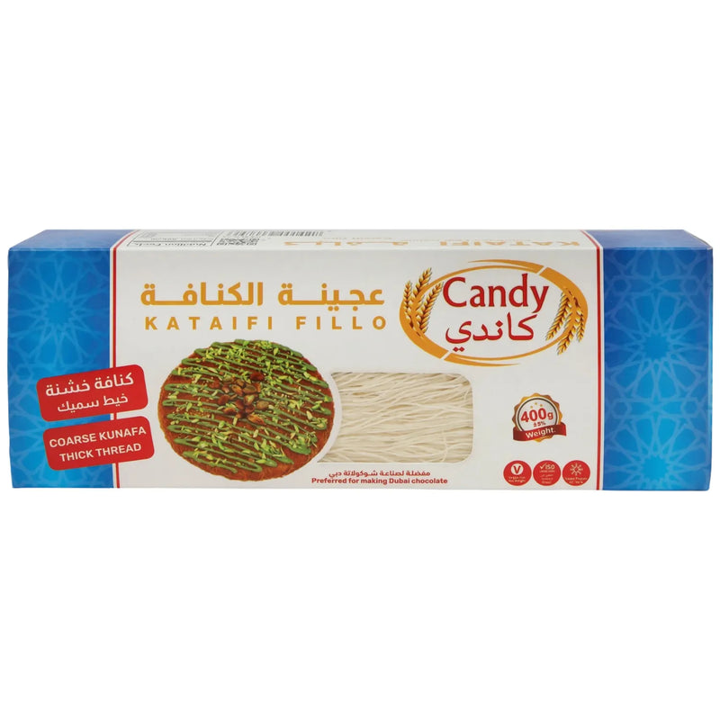 Coarse Candy Kataifi Kunafa shredded filo dough for Middle Eastern desserts like baklava and vegan treats, 400g package.