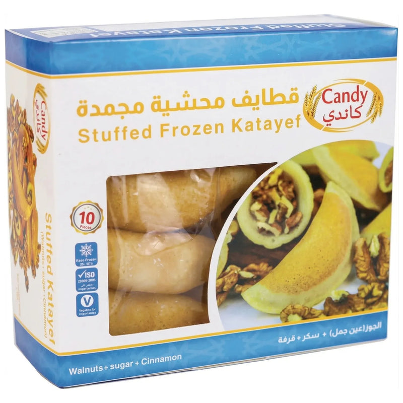 Candy brand frozen Katayef stuffed with walnuts, sugar, and cinnamon, ready to cook Middle Eastern vegetarian dessert, 10 pieces.