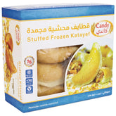 Candy brand frozen Katayef stuffed with peanuts, raisins, and coconut, ready-to-cook Middle Eastern dessert, 500g pack with 16 pieces.