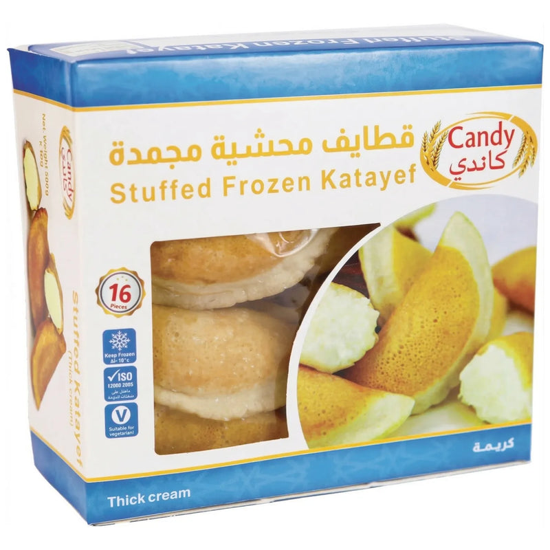 Candy brand frozen Katayef with thick cream filling, 16 pieces, authentic Middle Eastern sweet pancakes for Ramadan dessert.