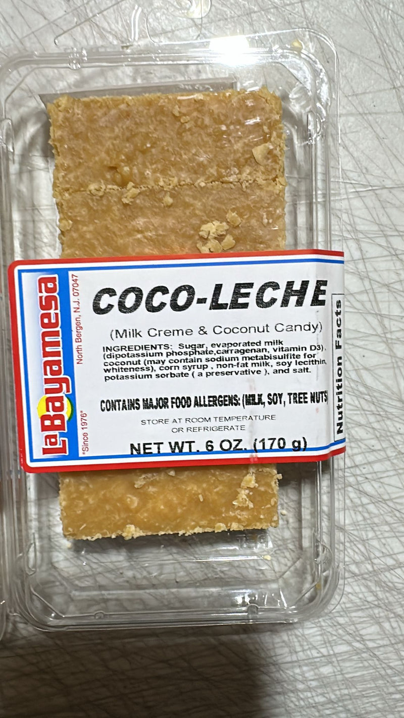La Bayamesa Coco Leche coconut milk candy in a 6 oz (212g) package, showing the creamy coconut candy product.