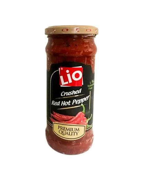LIO Crushed Red Hot Pepper spicy condiment in a jar, with crushed red pepper flakes ready for cooking and adding heat to dishes