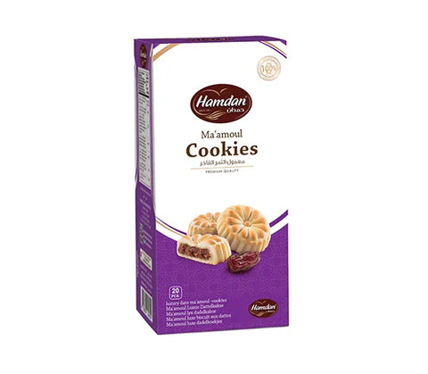 Hamdn Hamdan Ma'amoul date cookies in a 20 count box, showing golden shortbread cookies filled with dates.